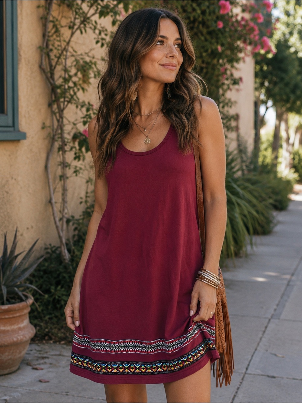 Deep Red Cotton Blend Tank Dress with Scoop Neck